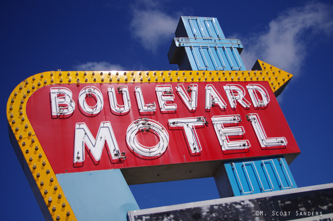 The Boulevard Motel neon sign from close up, DeLand, Florida