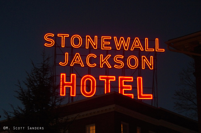 The Stonewall Jackson Hotel neon sign lit up, Staunton, VA