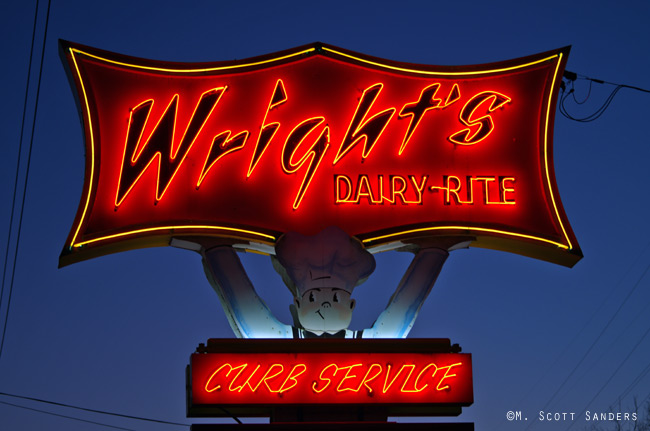 Wright's Dairy-Rite neon sign lit up, Staunton, VA